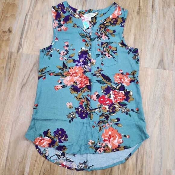 🔺️NWT Market & Spruce Sage Floral Prat Henley Sleeveless Top Large - Picture 3 of 13